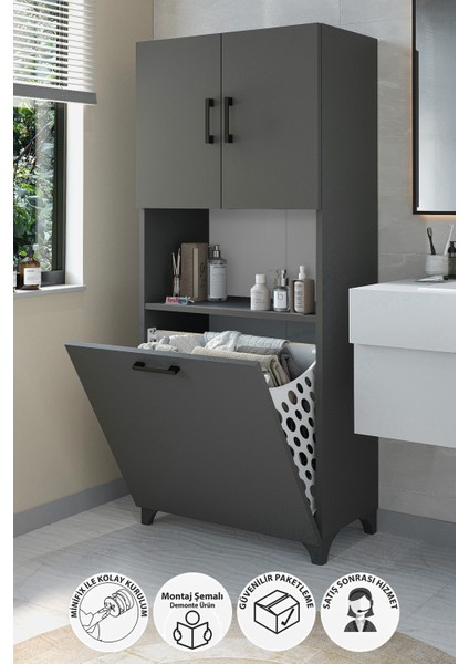 Çok Amaçlı Dolap Banyo Dolabı Kirli Çamaşır Sepeti Dolabı Damla Antrasit