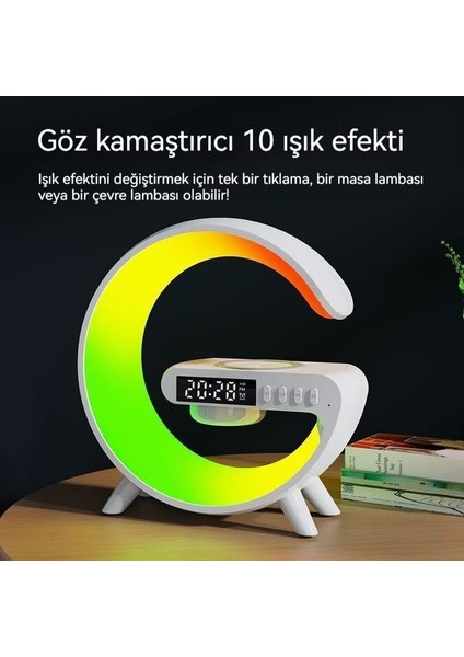 Bluetooth Hoparlör Kablosuz Şarj Çok Fonksiyonlu Gece Lambası Çalar Saat (Yurt Dışından)