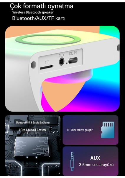 Bluetooth Hoparlör Kablosuz Şarj Çok Fonksiyonlu Gece Lambası Çalar Saat (Yurt Dışından)