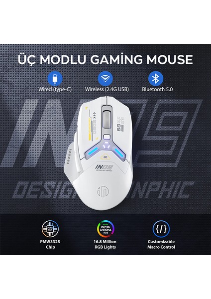 Inphıc In9 Kablosuz Oyun Faresi, Gerçek Üç Modlu Bluetooth/tip-Cwired/2.4g Kablosuz MOUSE,10000 Dpl
