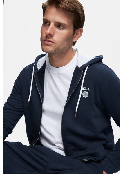 HILGARD Koyu Lacivert Kapüşonlu ve Fermuarlı Baskılı Standard Fit Erkek Sweatshirt modelleri