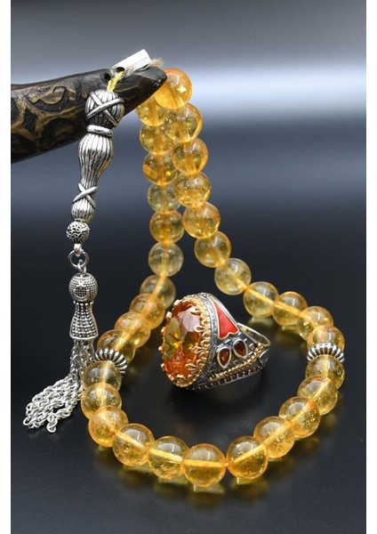 Doğal Sitrin Taşlı Tesbih ve 925 Ayar Gümüş Erkek Yüzüğü Sitrin Taşlı 901416