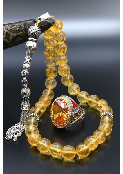 Doğal Sitrin Taşlı Tesbih ve 925 Ayar Gümüş Erkek Yüzüğü Sitrin Taşlı 901416 fiyatları