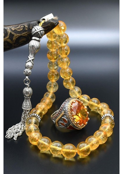 Doğal Sitrin Taşlı Tesbih ve 925 Ayar Gümüş Erkek Yüzüğü Sitrin Taşlı 901416 modelleri