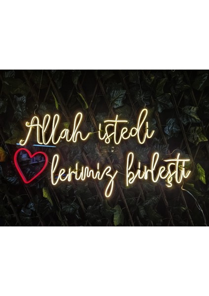 Cizgineon Allah Istedi Kalplerimiz Birleşti Işıklı Neon Led Duvar Dekarasyon açık sarı