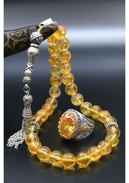 Doğal Sitrin Taşlı Tesbih ve 925 Ayar Gümüş Erkek Yüzüğü Sitrin Taşlı 901417