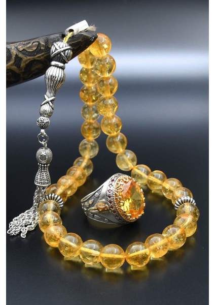 Doğal Sitrin Taşlı Tesbih ve 925 Ayar Gümüş Erkek Yüzüğü Sitrin Taşlı 901417 fiyatları