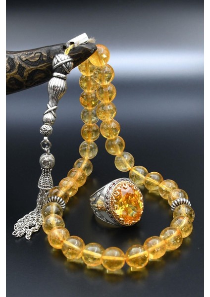 Doğal Sitrin Taşlı Tesbih ve 925 Ayar Gümüş Erkek Yüzüğü Sitrin Taşlı 901417 modelleri