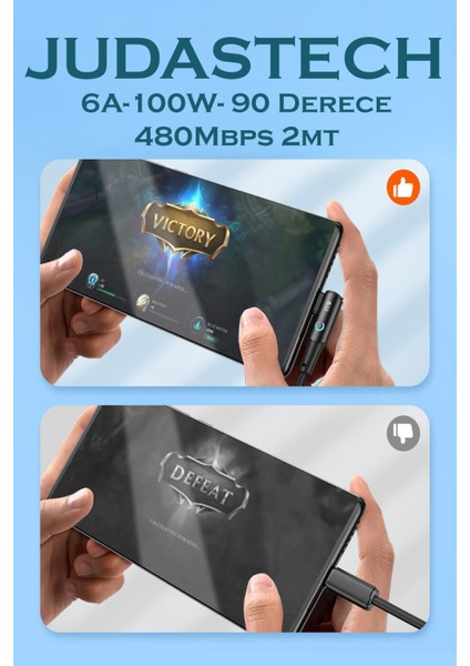 J28 Type-C 90 Derece 6A/100W/480MBPS Şarj ve Data Kablosu -2mt