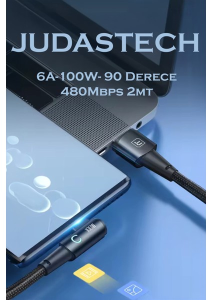 J28 Type-C 90 Derece 6A/100W/480MBPS Şarj ve Data Kablosu -2mt