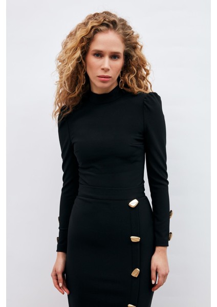 Düğme Detaylı Crop Bluz - Siyah