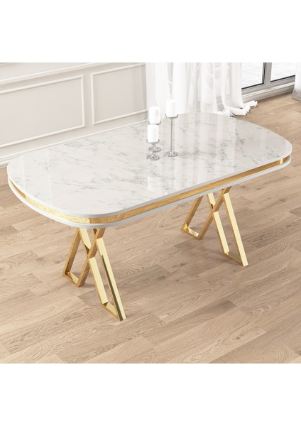 Zae Serisi 90 x 168 Lak Panel Beyaz Mermer Desen Gold Ayak Masa Takımı 6 Gri Sandalye