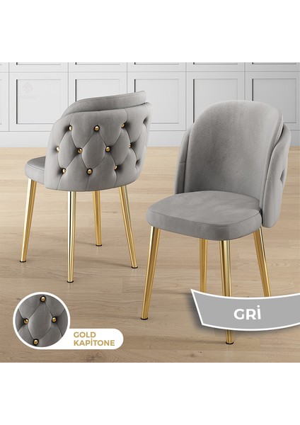 Zae Serisi 90 x 168 Lak Panel Beyaz Mermer Desen Gold Ayak Masa Takımı 6 Gri Sandalye