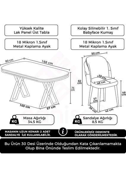 Zae Serisi 90 x 168 Lak Panel Beyaz Mermer Desen Gold Ayak Masa Takımı 6 Gri Sandalye
