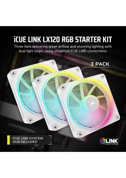 Corsaır Icue Lınk LX120 Rgb 120MM Rgb Fan, Triple Fan Kit - White (CO-9051030-WW) fırsatları