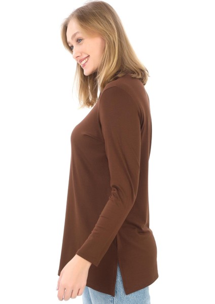 Viskon Dik Yaka Tunik-Kahverengi modelleri