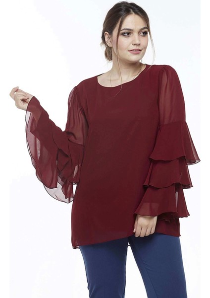 28009 Kolları Fırfırlı Büyük Beden Bluz Bordo