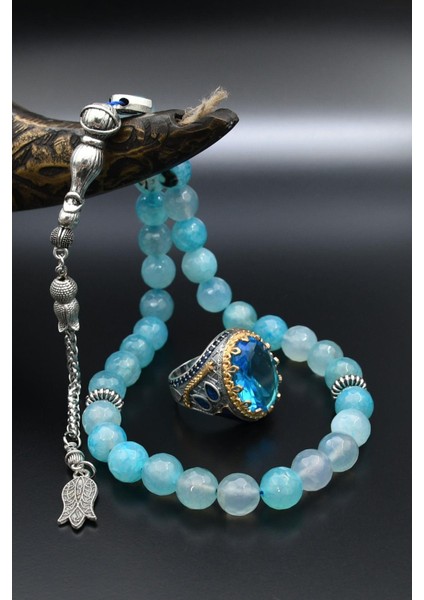 Aquamarine (Aqua Marin) Taşlı Tesbih ve 925 Ayar Gümüş Erkek Yüzüğü Aquamarine (Aqua Marin) Taşlı 901421 modelleri
