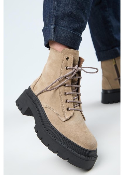 (Avjin) Kadın Deri Bağcıklı Burnu Köşeli Vizon Bot