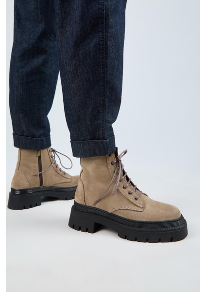 (Avjin) Kadın Deri Bağcıklı Burnu Köşeli Vizon Bot indirimleri