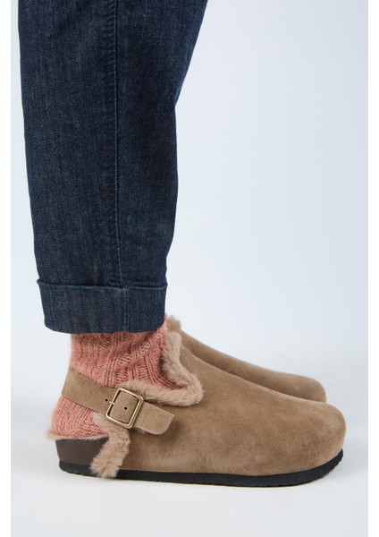 (Holly 2 Kürklü) Kadın Deri Kemerli Tokalı Sabo Vizon Sandalet