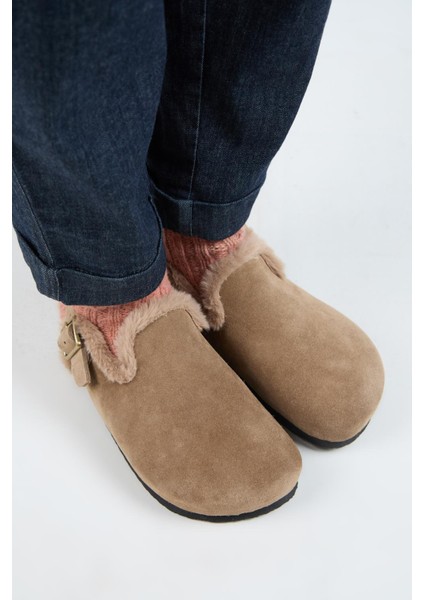 (Holly 2 Kürklü) Kadın Deri Kemerli Tokalı Sabo Vizon Sandalet fiyatları