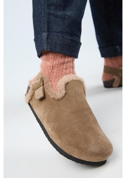 (Holly 2 Kürklü) Kadın Deri Kemerli Tokalı Sabo Vizon Sandalet fırsatları