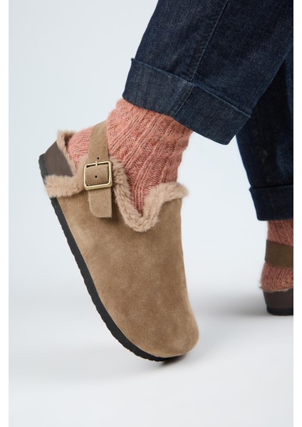 (Holly 2 Kürklü) Kadın Deri Kemerli Tokalı Sabo Vizon Sandalet indirimleri