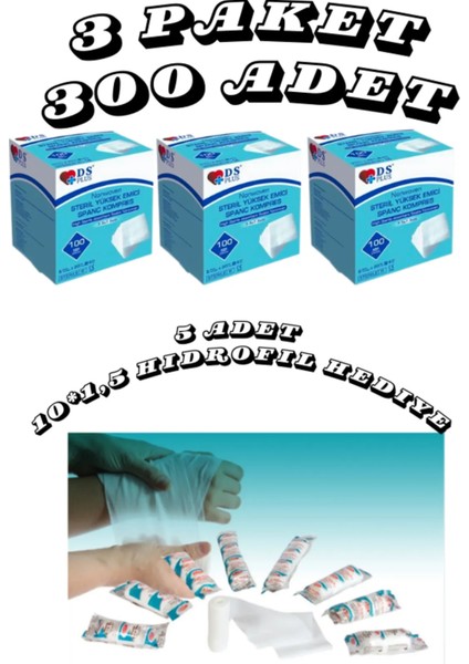 Steril Emici Kompres Gazlı Bez 7,5x7,5cm 300 Adet ( 5 Li Zarf 60 Pk) Hidrofil Sargı 5 Adet Hediye