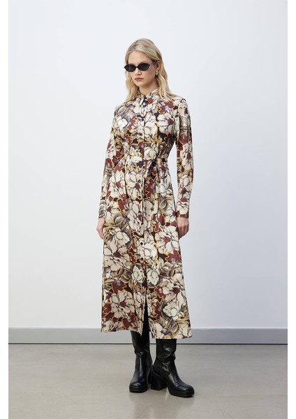 Retro Floral Desenli Gömlek Elbise
