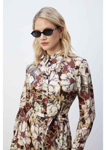 Retro Floral Desenli Gömlek Elbise
