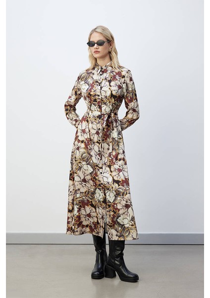 Retro Floral Desenli Gömlek Elbise