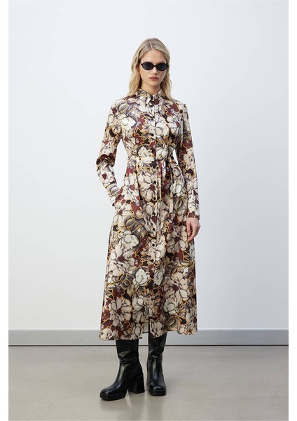 Retro Floral Desenli Gömlek Elbise