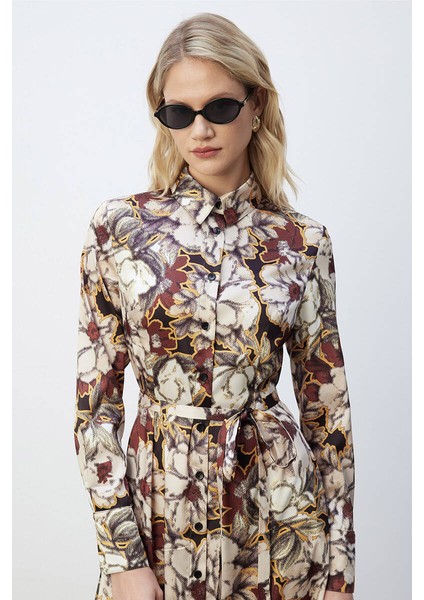 Retro Floral Desenli Gömlek Elbise