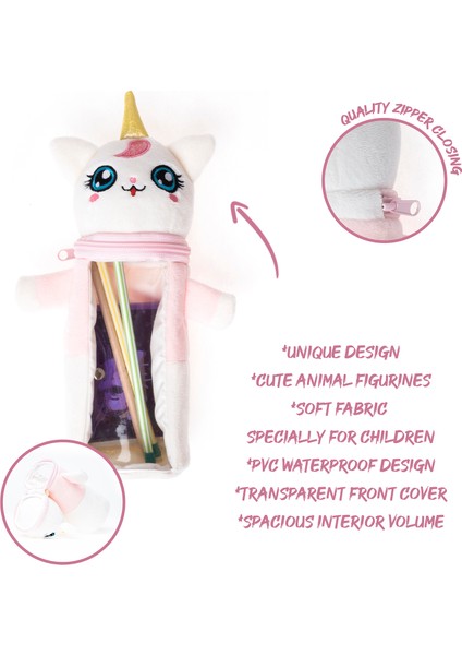Unicorn 3D Pelüş ve Şeffaf Fermuarlı Dikey Kalem Kutu