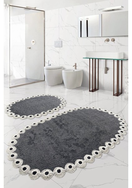 Gülruba Oval Antrasit Çeyizlik Dantelli 2'li Banyo Paspası Seti Kaymaz Tabanlı Klozet Takımı