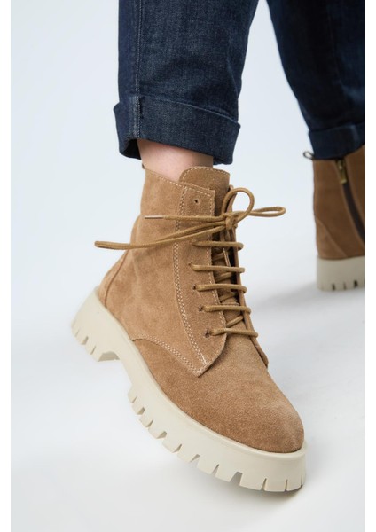 (Viyan) Kadın Deri Bağcıklı Içten Fermuarlı Kum Bot