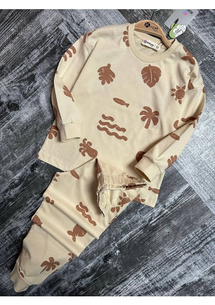 Palmiye Desenli Erkek Pijama Takımı Krem - 9-10 fiyatları