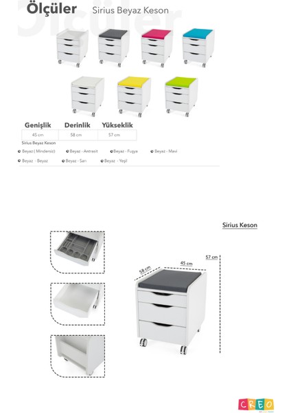 Modern Ofisler İçin Tekerlekli ve Çekmeceli Keson - Taşıma kap. 100kg, Beyaz/Antrasit - Sirius