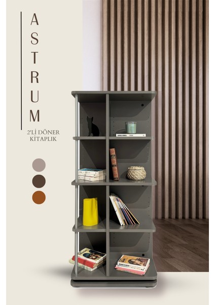 Home Ofis Kitaplığı, 16 Raflı 4 Katlı Döner Raflı - Modern Tasarım, Antrasit - Astrum