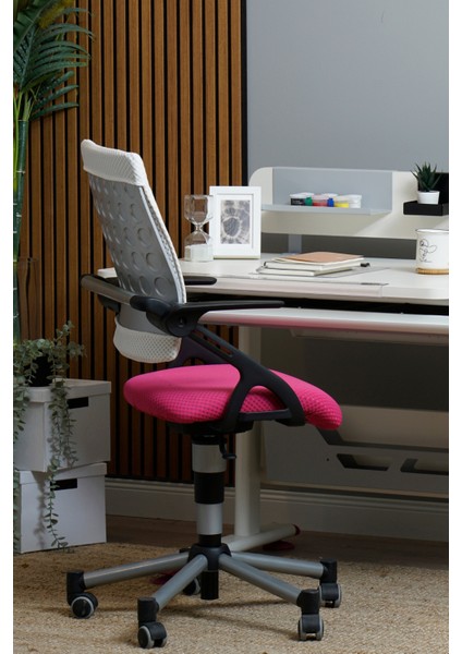 Liseli Çalışma Sandalyesi, Yükseklik Ayarlı Sandalye - Taşıma kap. 120kg, Beyaz/Fuşya - Vega Plus