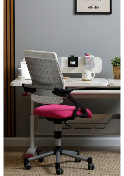 Liseli Çalışma Sandalyesi, Yükseklik Ayarlı Sandalye - Taşıma kap. 120kg, Beyaz/Fuşya - Vega Plus modelleri