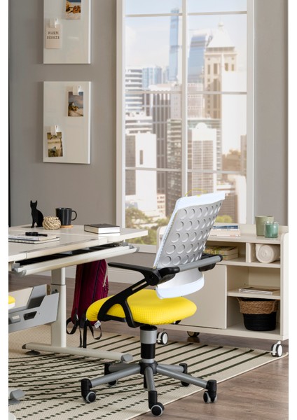 Ana Okulu Çocuk Sandalyesi, Tekerlekli Döner Sandalye - Taşıma kap. 120kg, Beyaz/Sarı - Vega fırsatları