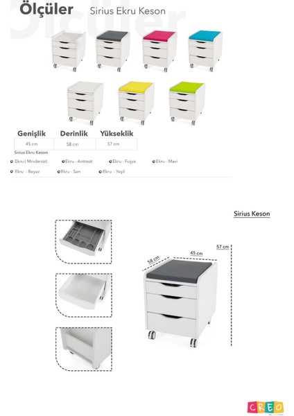 Kurumsal Ofis Tipi Tekerlekli Keson, Çekmeceli Keson - Taşıma kap. 100kg, Ekru/Antrasit - Sirius