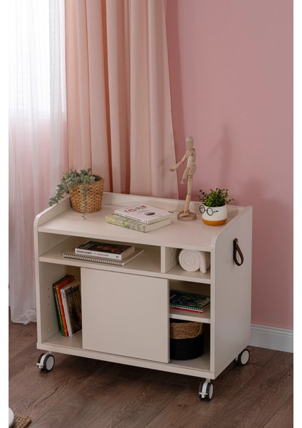 Genç Odası İçin Pratik Keson, Sürgü Kapaklı, Tekerlekli - Taşıma kap. 100kg, Ekru - Smart