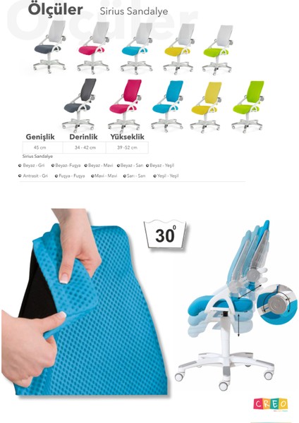 Liseli Bilgisayar Sandalyesi, Sırt Ayarlı Çalışma Sandalye - Taşıma kap. 120kg, Mavi/Mavi - Sirius