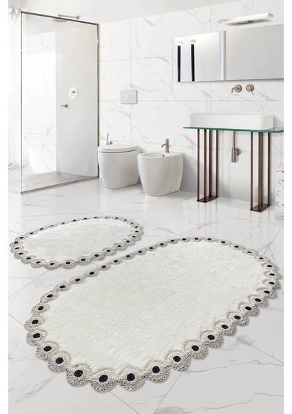 Gülruba Oval Krem Çeyizlik Dantelli 2'li Banyo Paspası Seti Kaymaz Tabanlı Klozet Takımı