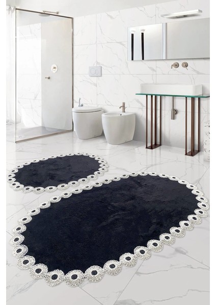 Gülruba Oval Siyah Çeyizlik Dantelli 2'li Banyo Paspası Seti Kaymaz Tabanlı Klozet Takımı