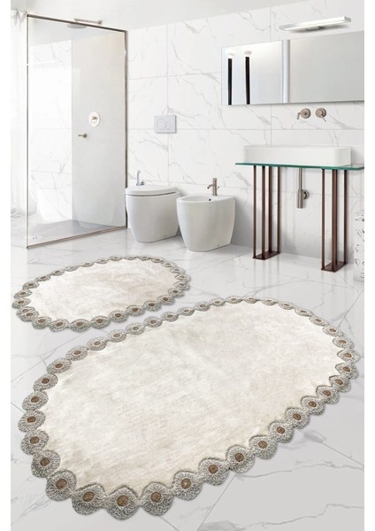 Gülruba Oval Vizon Çeyizlik Dantelli 2'li Banyo Paspası Seti Kaymaz Tabanlı Klozet Takımı