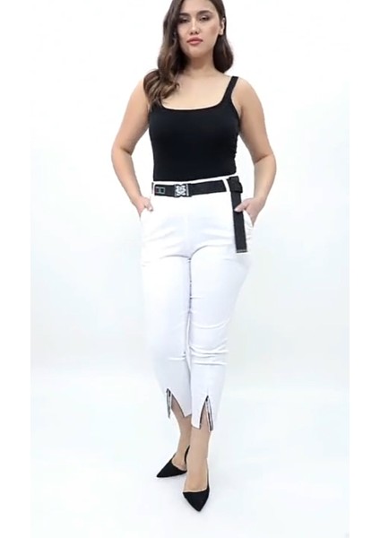 Büyük Beden Yüksek Bel Likralı Pamuklu Kumaş Kemer Hediyeli Paçası A Detaylı Bilek Boy Pantolon fiyatları